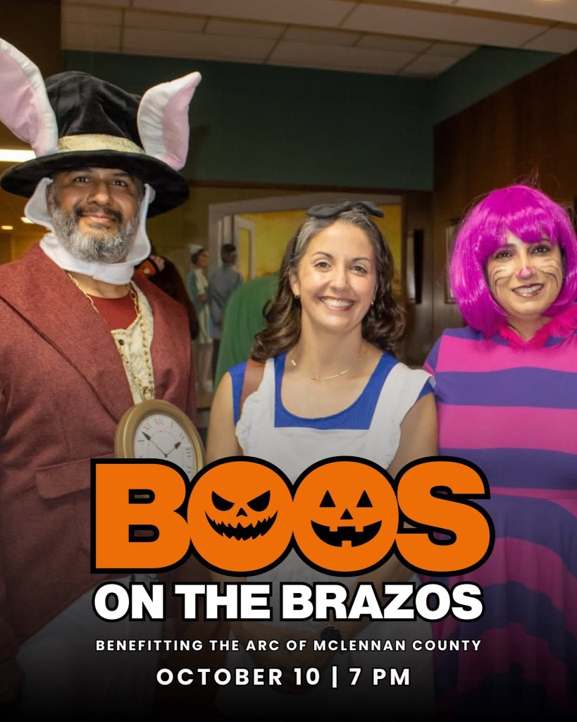 Three people dressed as Alice in Wonderland characters for a Halloween event poster in McLennan County, Texas.
