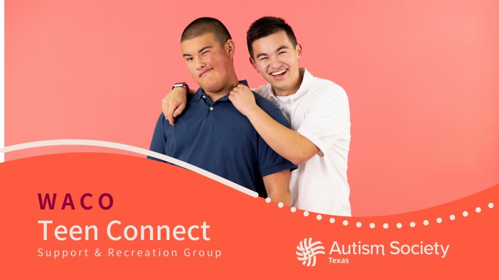 Two young men smiling and posing together against a coral background in McLennan County, Texas.