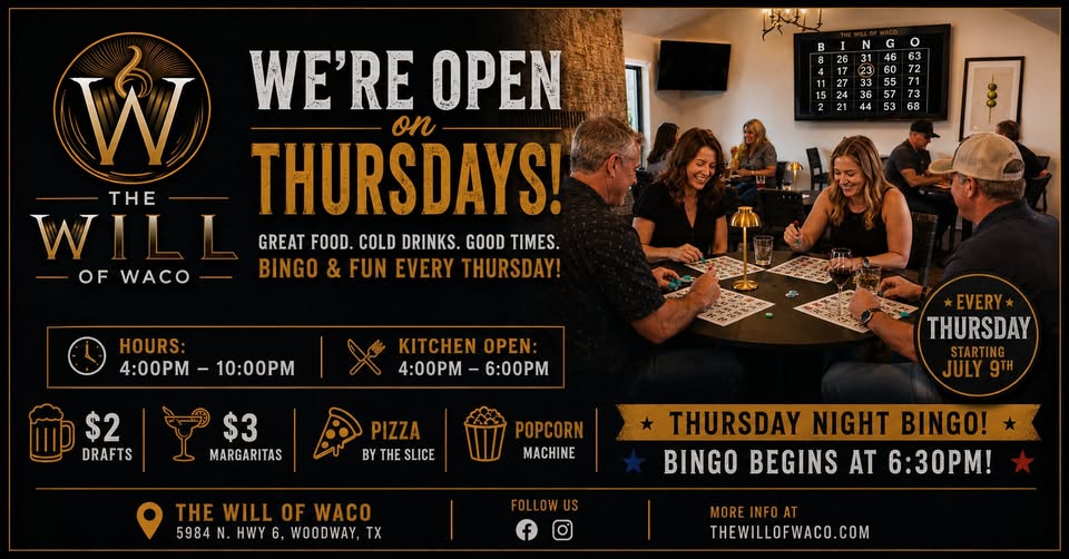 A promotional flyer for Thursday night bingo at The Will of Waco restaurant in McLennan County, Texas.