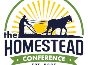 A logo for The Homestead Conference featuring a silhouette of a farmer plowing with horses in McLennan County, Texas.