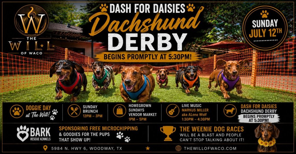A promotional flyer for a Dachshund Derby dog race event at The Will of Waco in McLennan County, Texas.