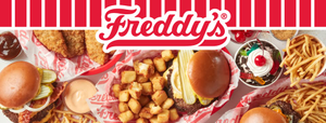 A top-down view of various Freddy's fast food items including burgers, fries, and dessert in McLennan County, Texas.