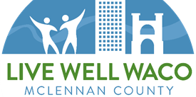 The Live Well Waco logo featuring stylized figures, a building, and a bridge in McLennan County, Texas.
