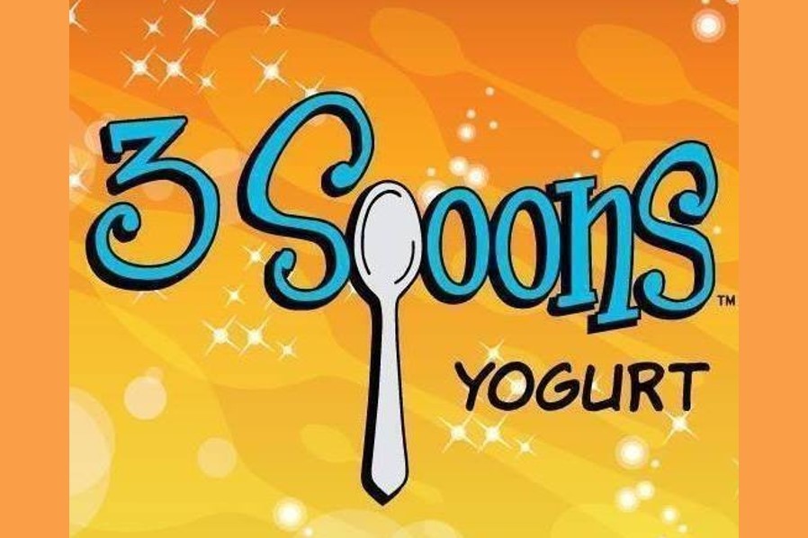 The logo for 3 Spoons Yogurt featuring blue text and a spoon on orange background in McLennan County, Texas.