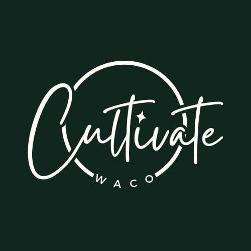 A white logo featuring the word Cultivate in script with Waco below on dark green in McLennan County, Texas.