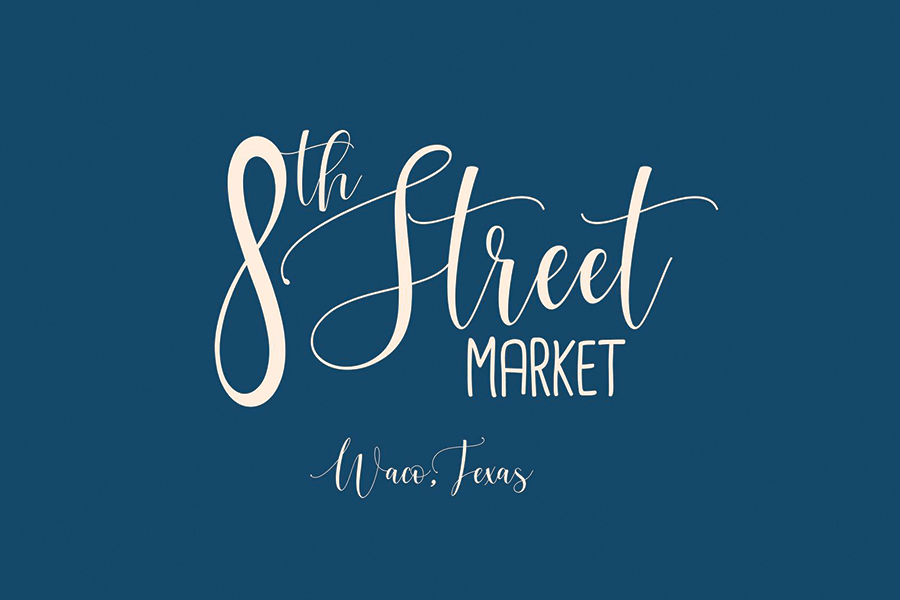 A logo for 8th Street Market in Waco, Texas, on a blue background in McLennan County, Texas.