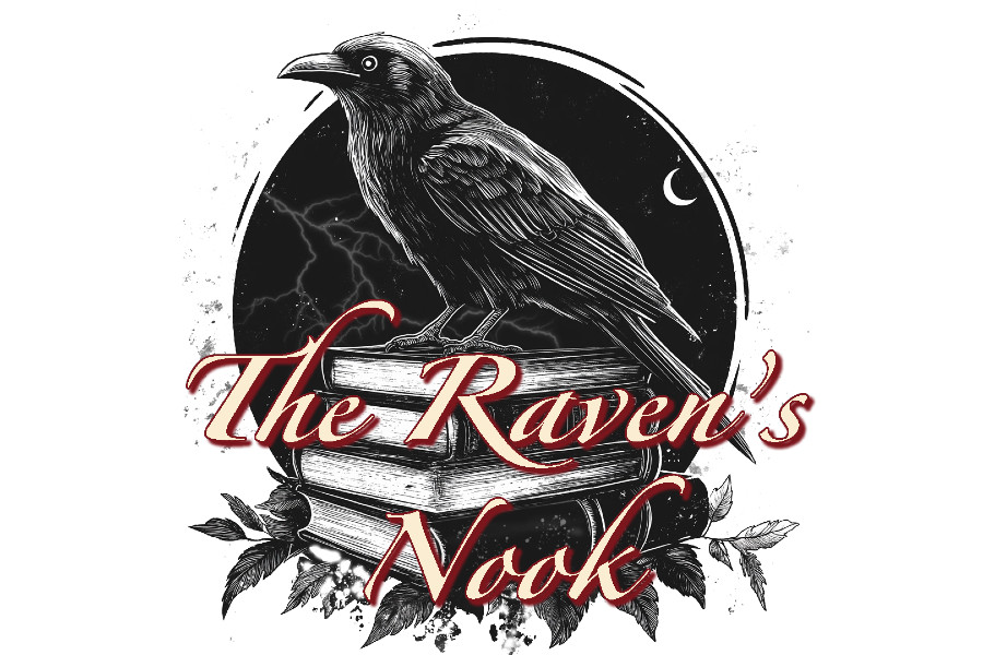 A black raven perched on a stack of books with text reading The Raven's Nook in McLennan County, Texas.