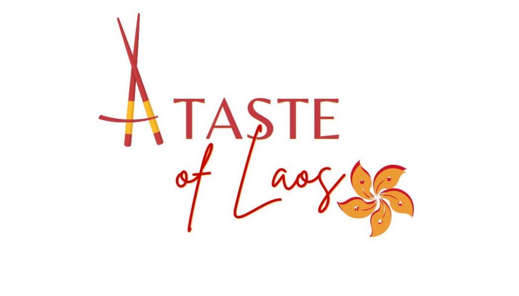 A logo for A Taste of Laos featuring chopsticks and a stylized flower in McLennan County, Texas.