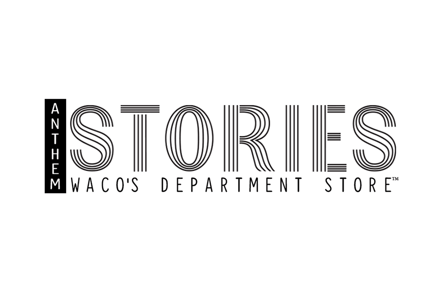 The logo for Anthem Stories, a department store in Waco, featuring stylized striped lettering in McLennan County, Texas.