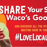A man points at a slice of red velvet cake on a promotional graphic in McLennan County, Texas.