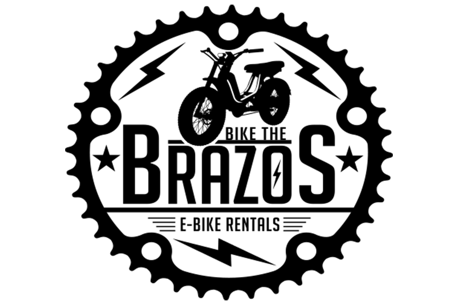 A black and white logo for Bike the Brazos e-bike rentals in McLennan County, Texas.