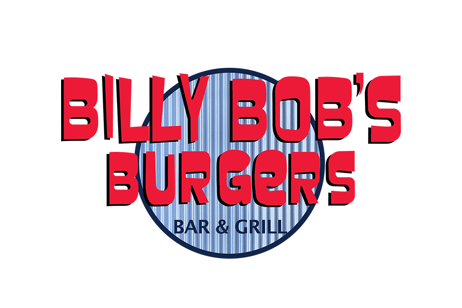 A logo for Billy Bob's Burgers Bar & Grill with red text on a blue background in McLennan County, Texas.