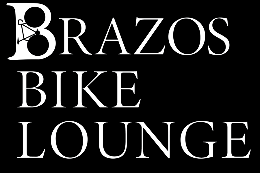 The text Brazos Bike Lounge with a bicycle icon integrated into the letter B in McLennan County, Texas.