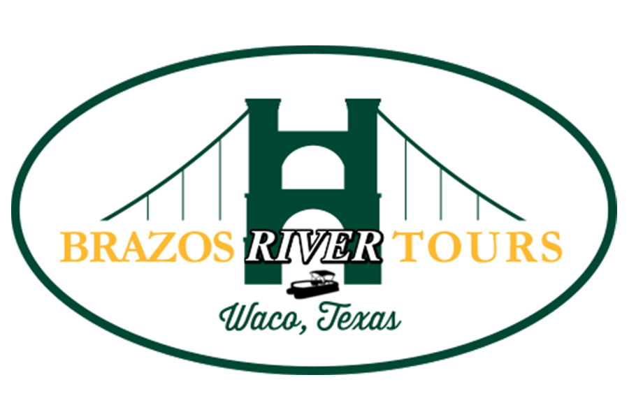 Logo for Brazos River Tours in Waco, Texas featuring a bridge and boat illustration in McLennan County, Texas.