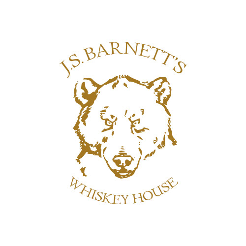 A gold logo featuring a bear head with text J.S. Barnett's Whiskey House in McLennan County, Texas.