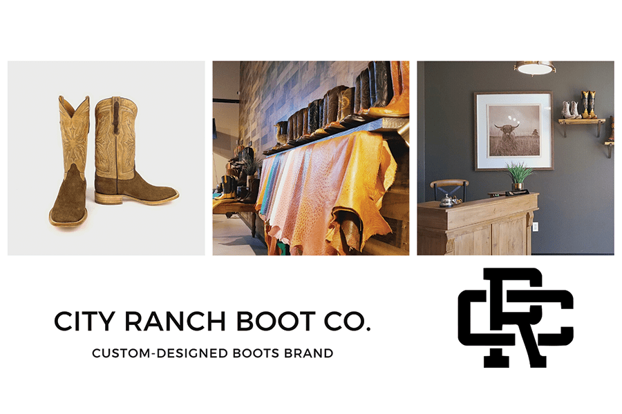 A collage showing custom cowboy boots, leather materials, and a boutique storefront interior in McLennan County, Texas.