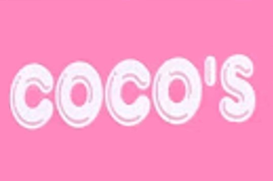 The word Coco's written in white bubble letters on a pink background in McLennan County, Texas.