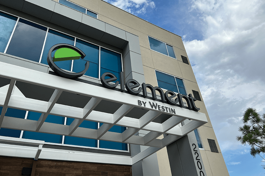 The exterior entrance of an Element by Westin hotel building in McLennan County, Texas.