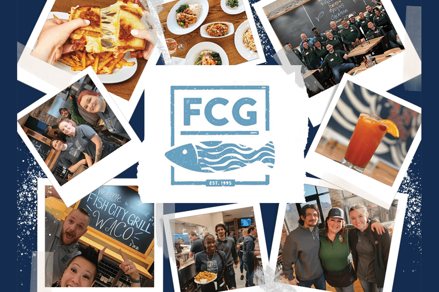 A collage of photos featuring restaurant staff, food, drinks, and the Fish City Grill logo in McLennan County, Texas.
