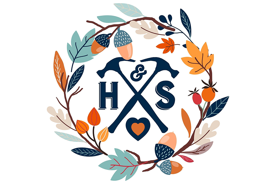 A decorative autumn wreath surrounding crossed hammers, the letters H and S, and a heart in McLennan County, Texas.