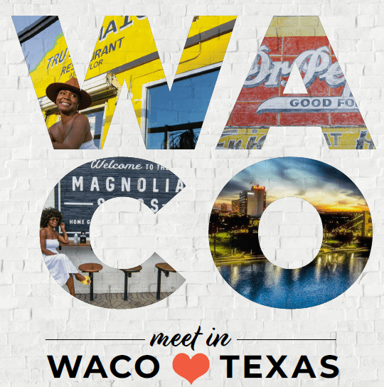 A collage of Waco, Texas landmarks and scenes shaped into the letters WACO in McLennan County, Texas.