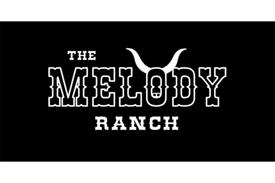 A black and white logo for The Melody Ranch featuring bull horns in McLennan County, Texas.