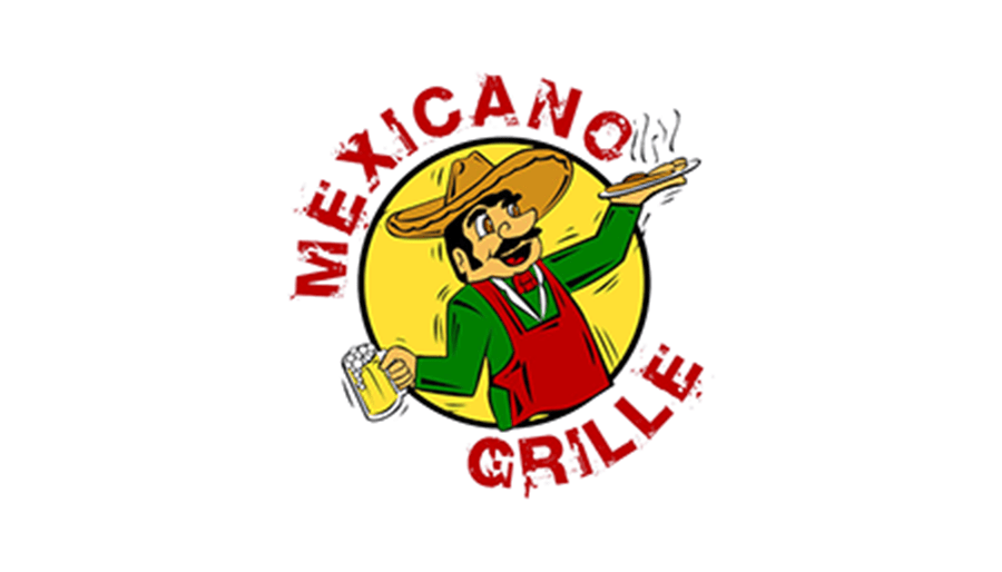 A cartoon logo for Mexicano Grille featuring a man in a sombrero holding food in McLennan County, Texas.