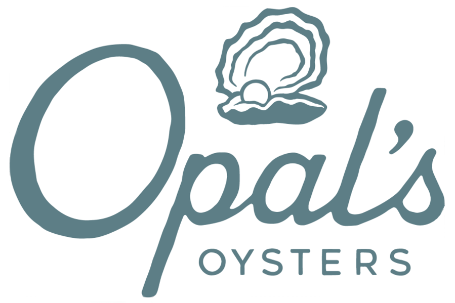 A logo for Opal's Oysters featuring a stylized oyster shell with a pearl in McLennan County, Texas.