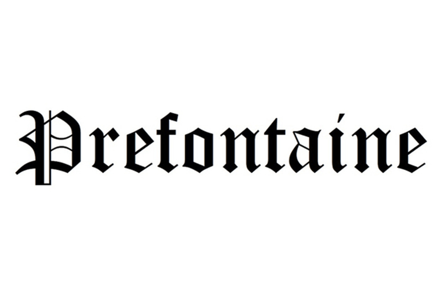 The word Prefontaine written in a black gothic-style font on a white background in McLennan County, Texas.