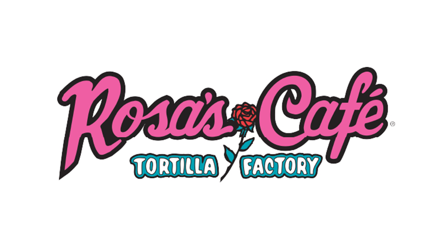 The logo for Rosa's Cafe Tortilla Factory featuring pink text and a red rose in McLennan County, Texas.