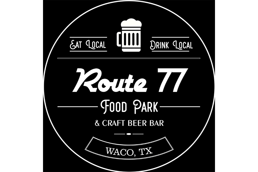 A circular black and white logo for Route 77 Food Park and Craft Beer Bar in McLennan County, Texas.