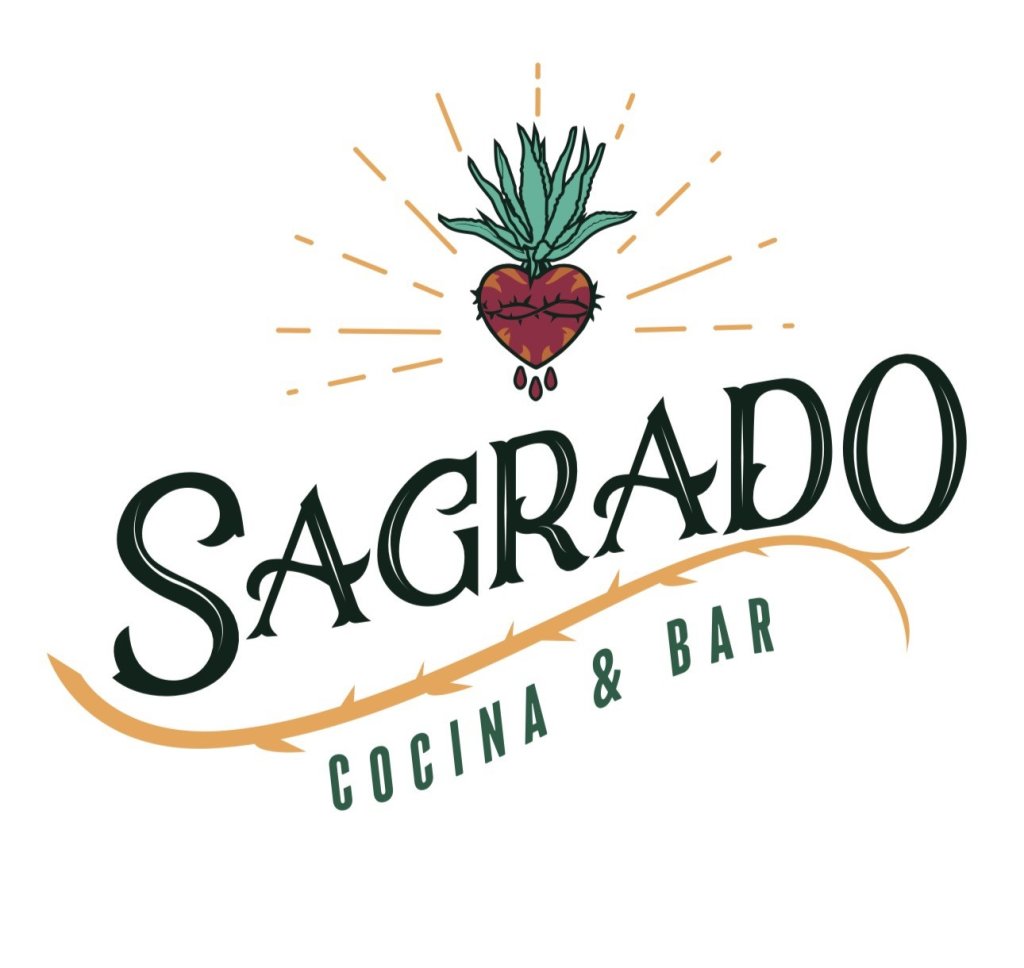 A logo for Sagrado Cocina & Bar featuring a heart with an agave plant in McLennan County, Texas.