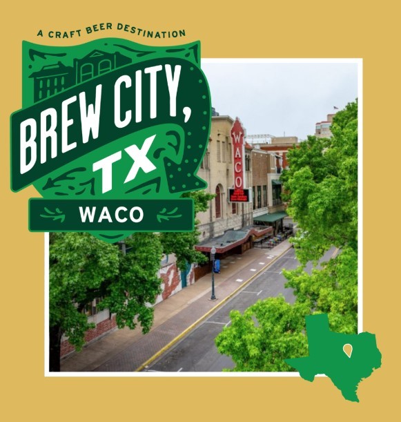 A promotional graphic for Brew City, Waco, featuring a street view of the city in McLennan County, Texas.