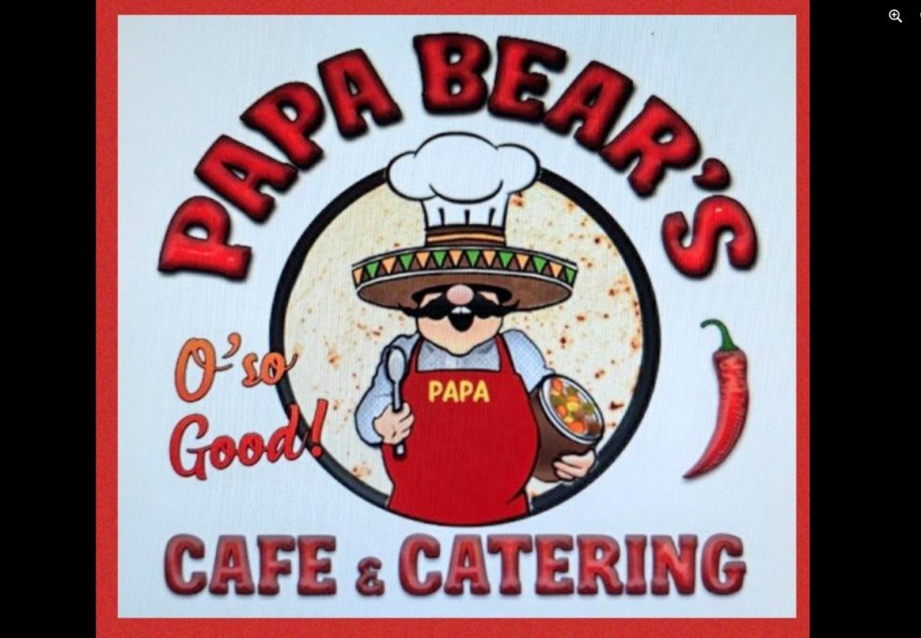 Logo for Papa Bear's Cafe & Catering featuring a chef in a sombrero in McLennan County, Texas.