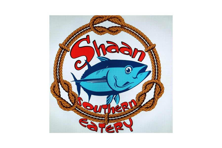 A logo for Shaan Southern Eatery featuring a blue tuna inside a rope circle in McLennan County, Texas.