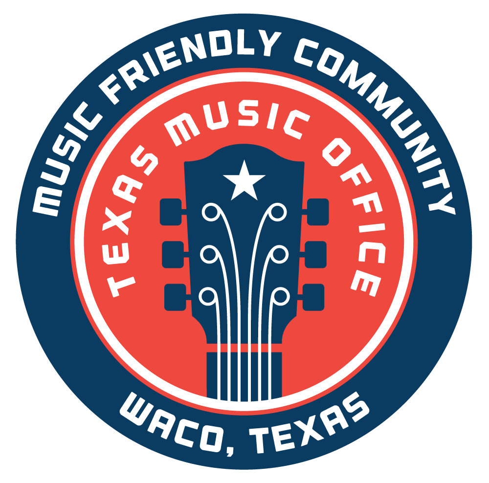 A circular logo for the Texas Music Office designating Waco as a music friendly community in McLennan County, Texas.