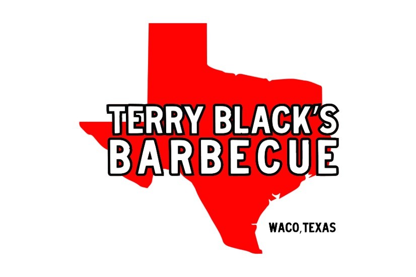 A red silhouette of the state of Texas with Terry Black's Barbecue text overlay in McLennan County, Texas.