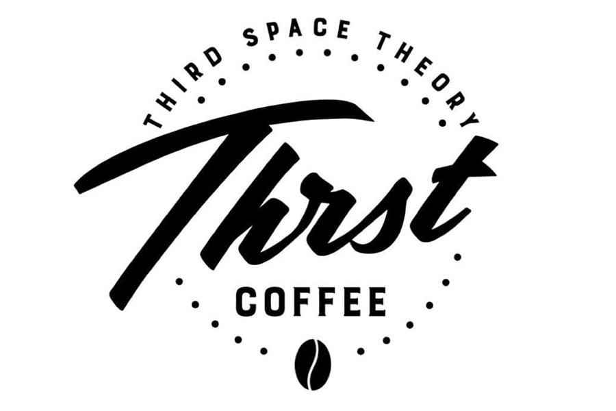 A black and white logo for Third Space Theory Thrst Coffee in McLennan County, Texas.