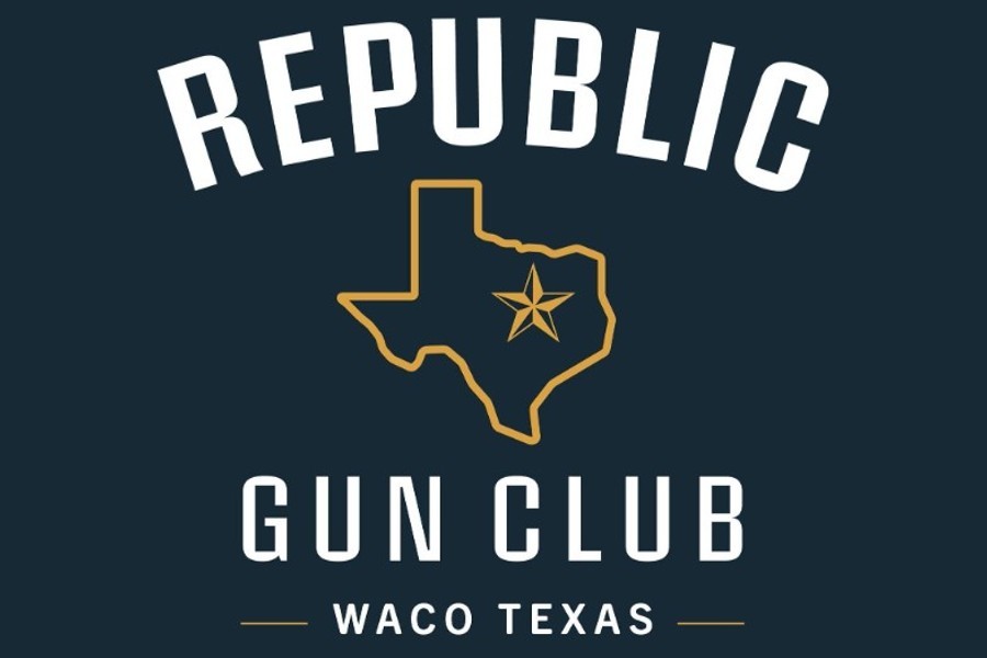 A logo for Republic Gun Club in Waco, Texas, featuring a Texas state outline in McLennan County, Texas.