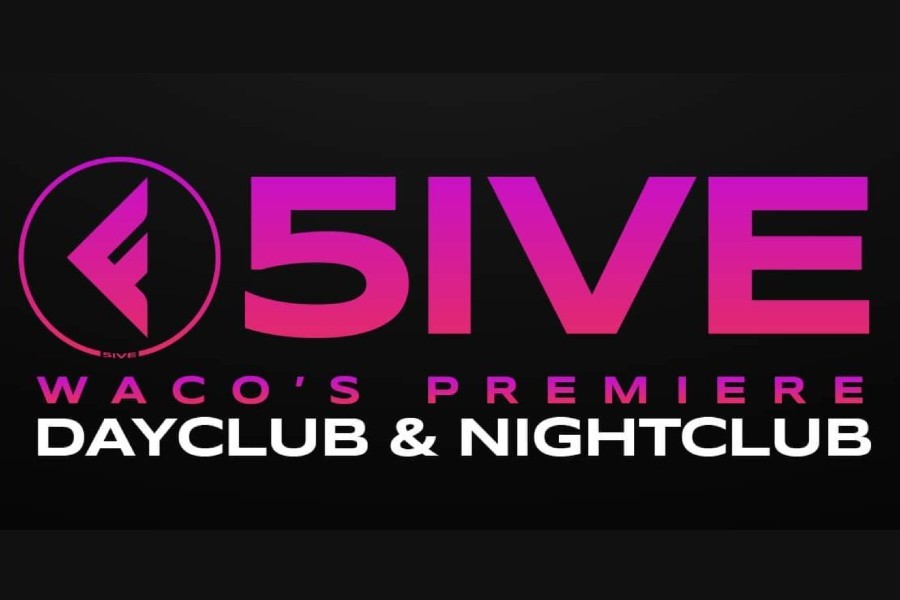 A logo for 5IVE, Waco's premiere dayclub and nightclub, featuring pink and purple text in McLennan County, Texas.