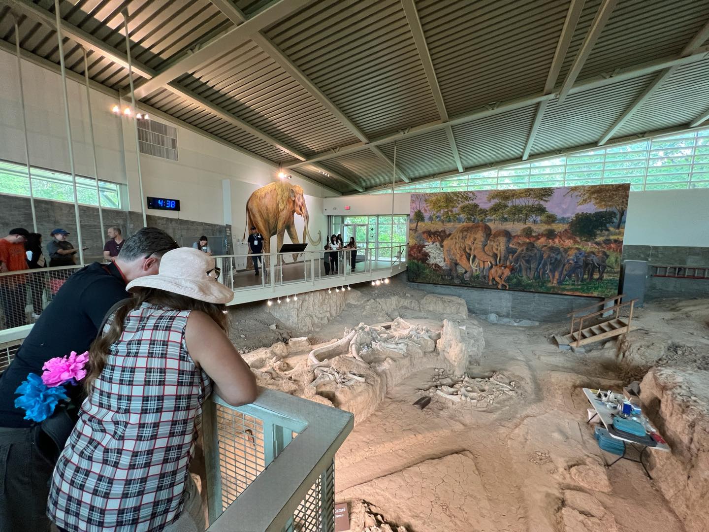 Visitors observe an archaeological excavation site featuring fossilized mammoth remains inside a museum in McLennan County, Texas.