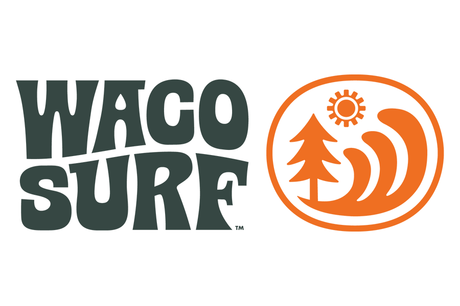 The Waco Surf logo featuring dark text and an orange circular icon with a tree in McLennan County, Texas.