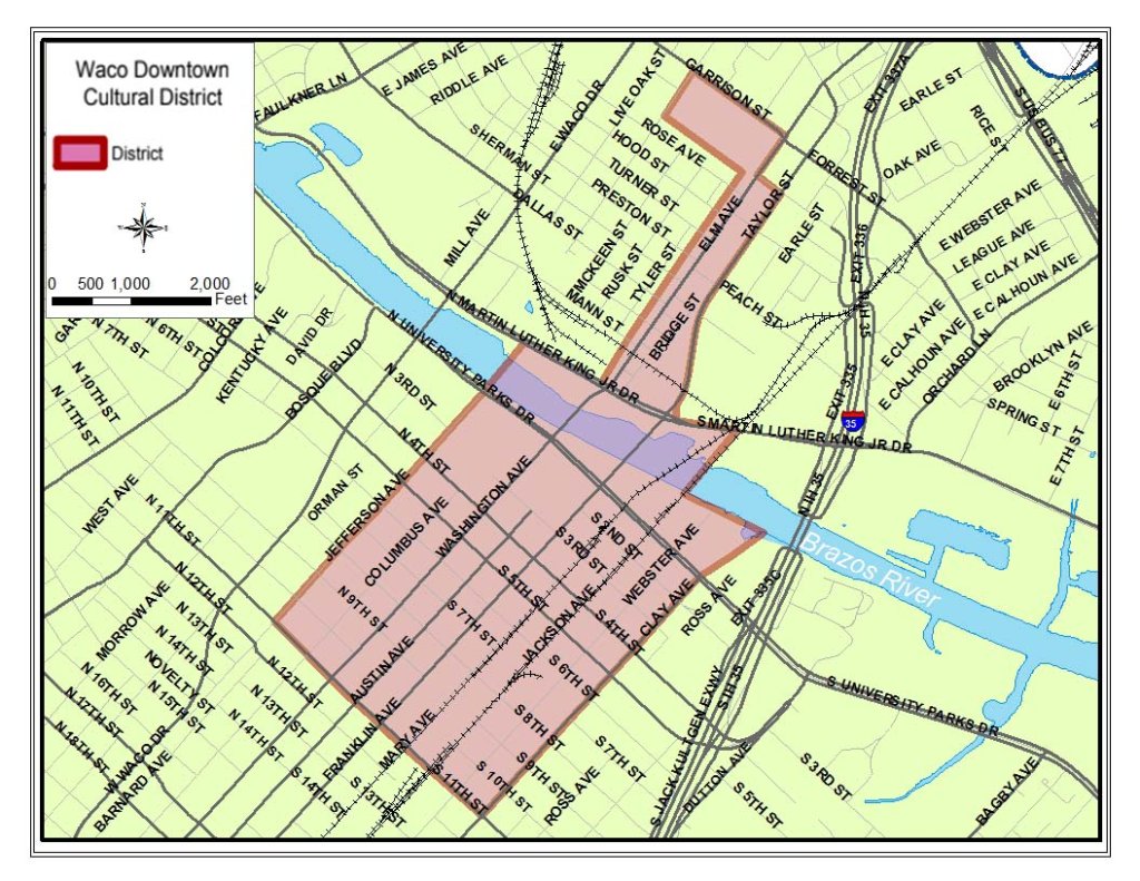 A map showing the boundaries of the Waco Downtown Cultural District in McLennan County, Texas.