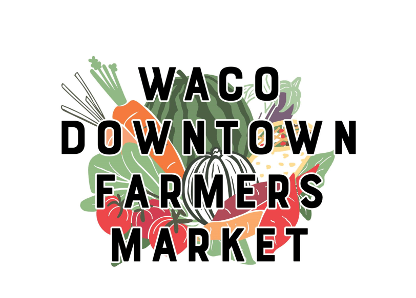 Logo for the Waco Downtown Farmers Market featuring colorful illustrations of fresh produce in McLennan County, Texas.