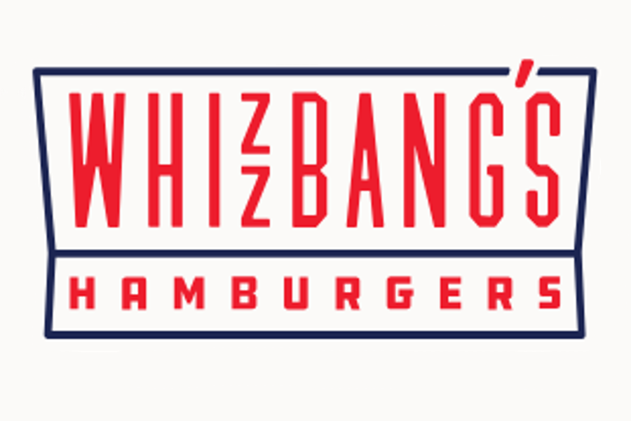 The logo for Whizbang's Hamburgers featuring red text inside a dark blue outlined shape in McLennan County, Texas.