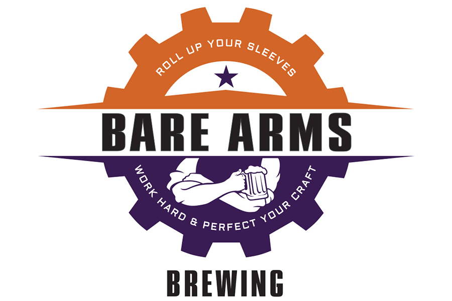 Logo for Bare Arms Brewing featuring a gear, text, and a person holding a beer in McLennan County, Texas.