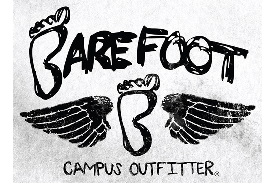 The Barefoot Campus Outfitter logo featuring a footprint with wings in McLennan County, Texas.