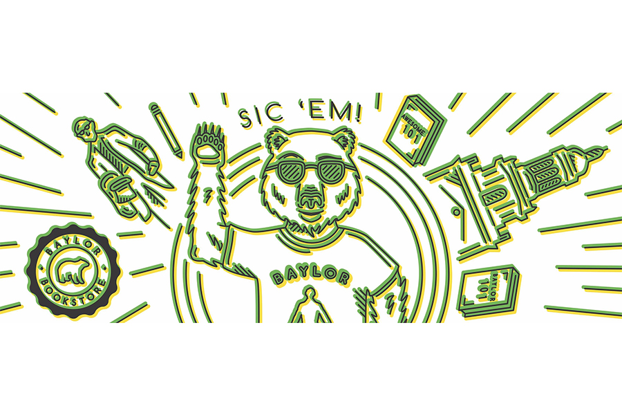 A stylized line art illustration featuring a bear mascot with sunglasses and Baylor branding in McLennan County, Texas.