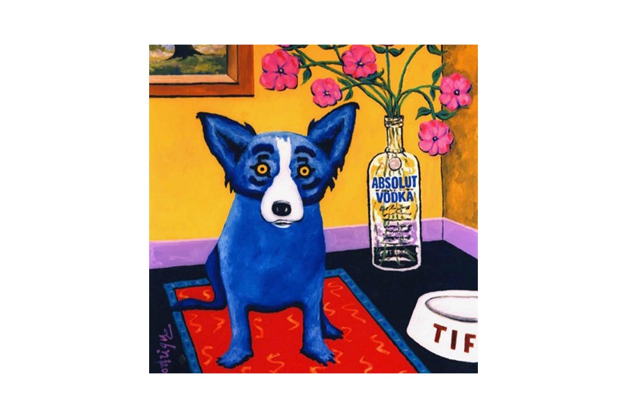 A stylized painting of a blue dog sitting on a red rug near vodka in McLennan County, Texas.