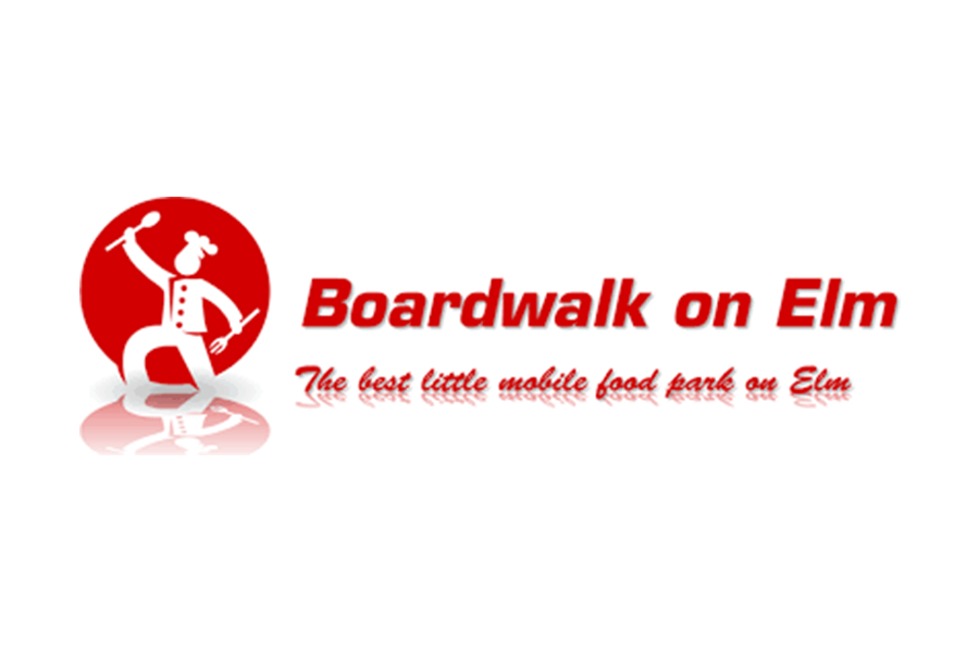 Logo for Boardwalk on Elm featuring a chef icon and red text in McLennan County, Texas.